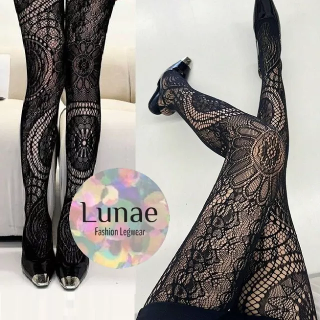fishnet tights lace ROSE FLORAL pattern mesh black LUNAE Y2K 8/10