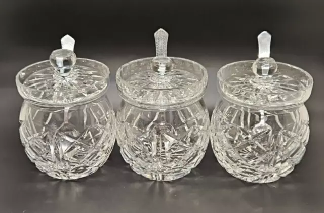 3 x  Crystal Cut Glass Preserve Pots with glass lid and spoons Brierley