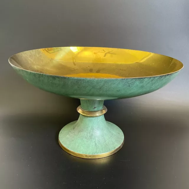 Vintage Large & Heavy Israel Brass Verdigris Enameled Pedestal Tray - Fruit Bowl