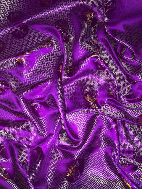 1 Meter Purple Greek Key Oriental Chinese Brocade Fabric 45” Wide