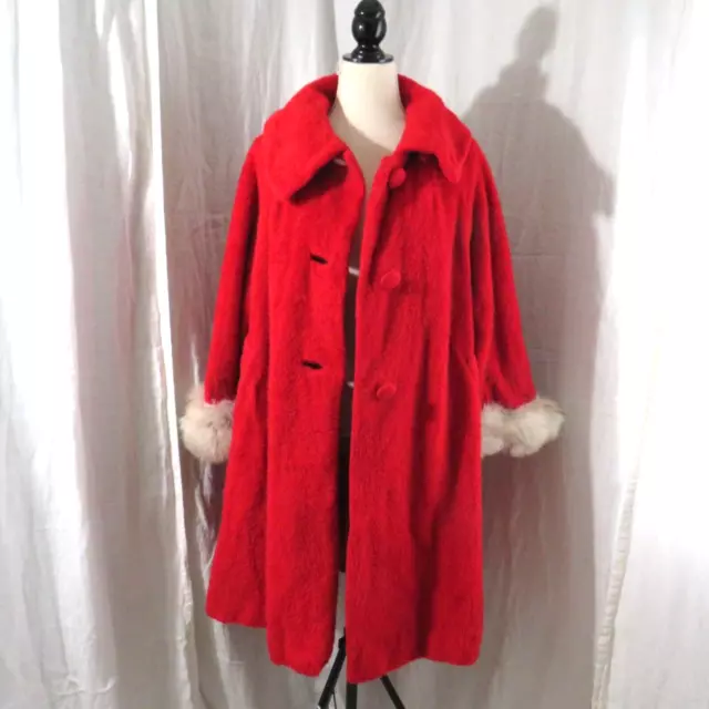 Vintage 1960s Lilli Ann Red Mohair Women's Swing Coat Fox Cuffs M