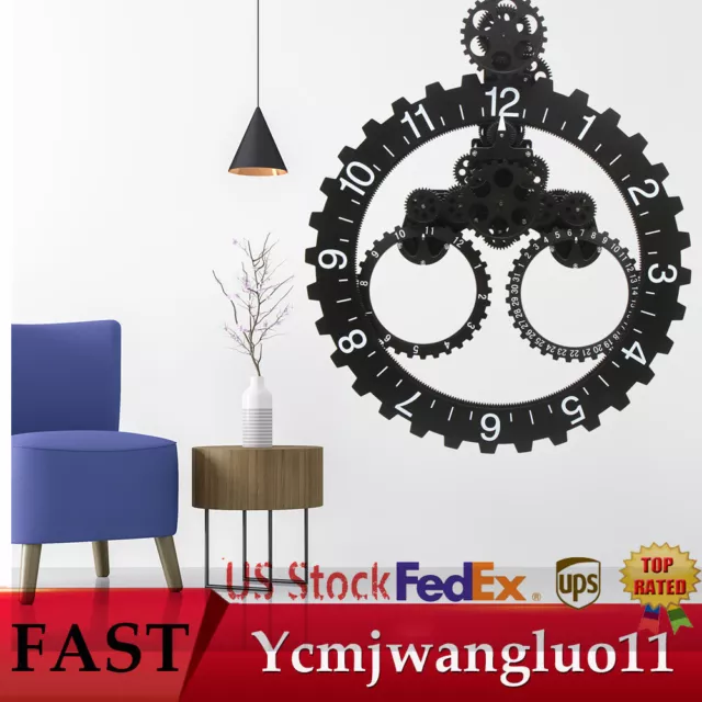 27" Large Industrial Metal Gear Wall Clock Mechanical Moving Gear Clock Decor US