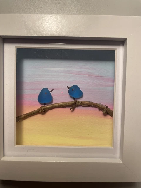 Framed Pebble Picture, Sea Glass Birds On A Branch, Home Decor Wall Art, Gift
