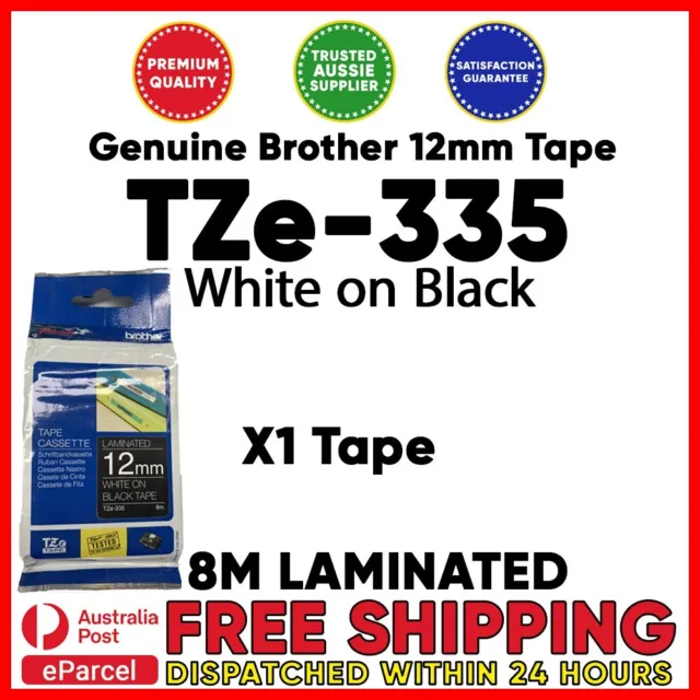 Brother TZe-335 Genuine 12mm Tape White on Black 8 Metres Laminated