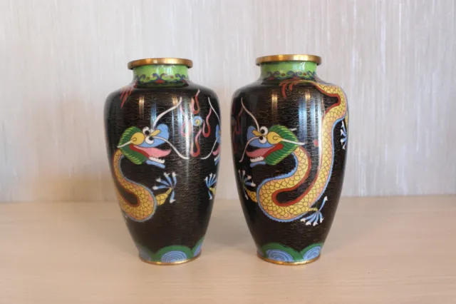 Pair of vintage Chinese cloisonné vases, dragon design, black and brass, 6 inch