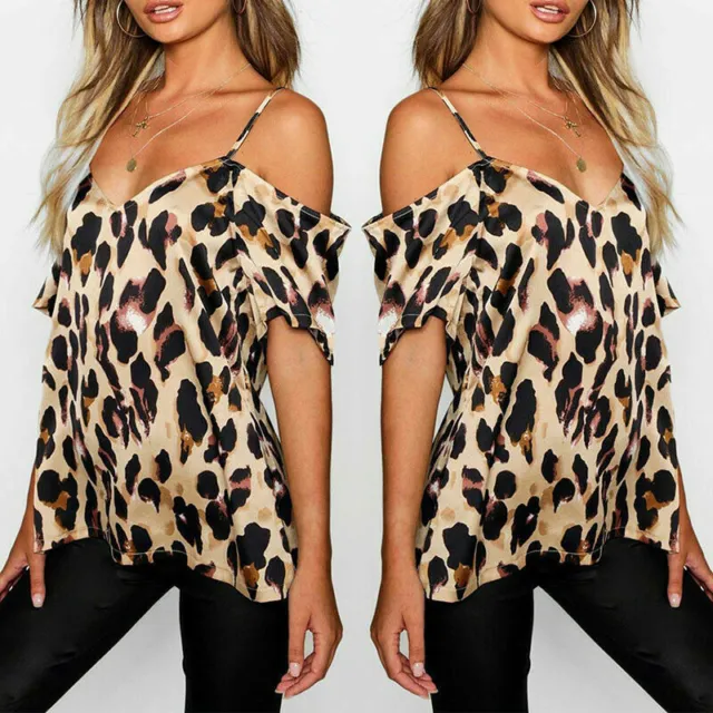 UK Womens Ladies Leopard Print Cold Shoulder Blouse Summer T-shirt Tops 10-18