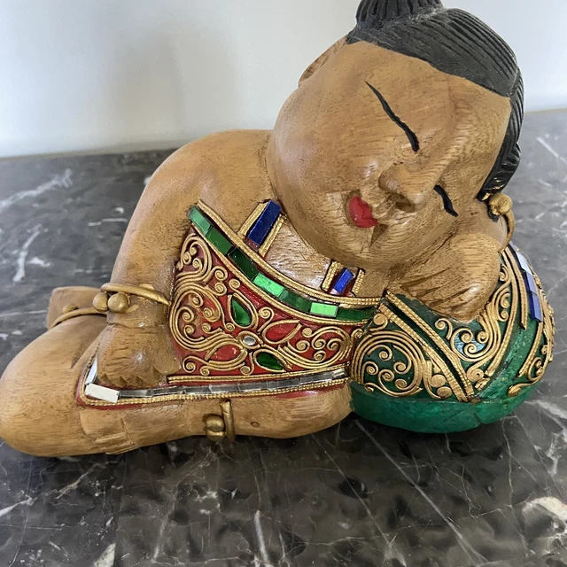 Asian Polynesian Art Hand Carved Wood Statue Sleeping Girl with Watermelon
