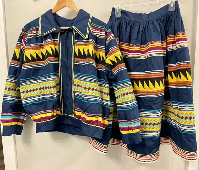 Vtg Handmade Seminole Native American Indian Patchwork Jacket & Skirt Set Blue