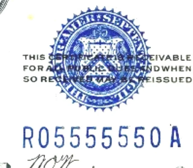 FANCY BINARY RADAR SERIAL NUMBER 05555550 Silver Certificate series 1928A $1