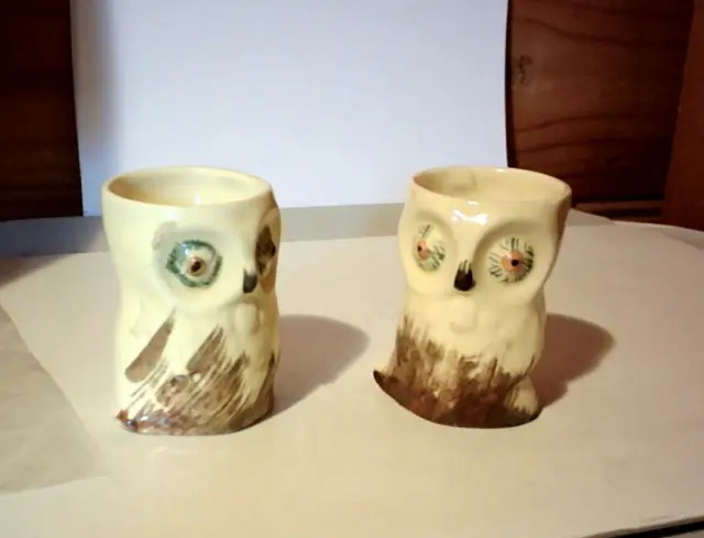 Vintage Owl Collectible Egg Cup Keele St Pottery Made England Handpainted x 2