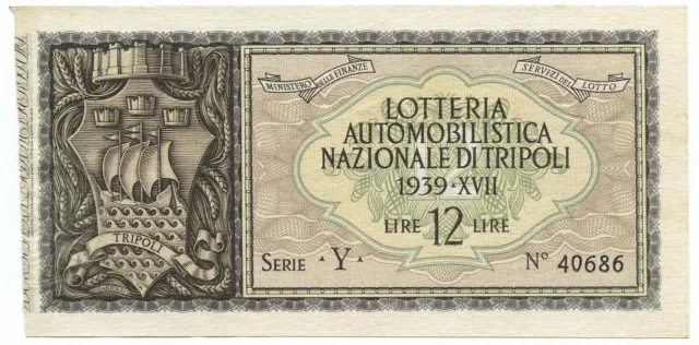 12 Lire Biglietto Lotteria Automobilistica Di Tripoli 1939 Xvii Spl