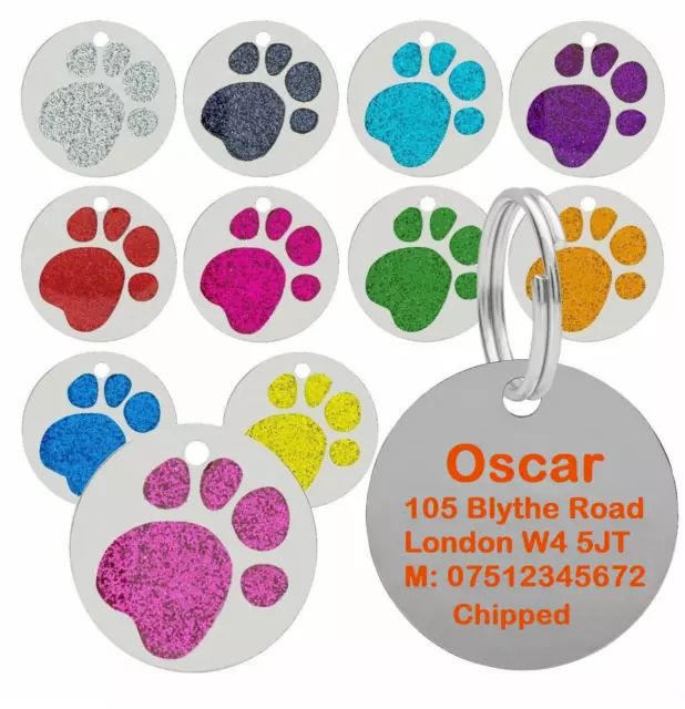 Personalised Pet Tags Engraved Glitter Paw Print Tag Dog Cat Pet ID Tags