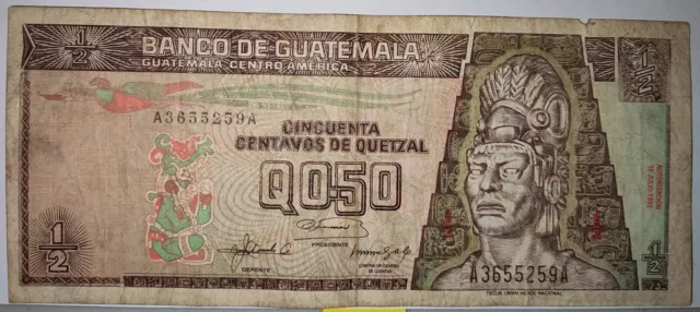 Banco De Guatemala Banknote 1/2 Quetzal July 1992 Circulated With Signs Of Wear