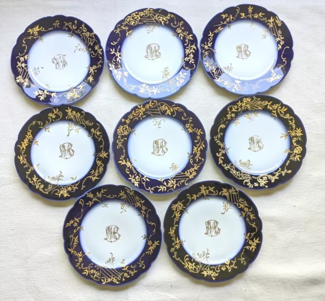 Set Of 8 Antique Cobalt & Gold Hand Painted 8"Lunch Plates