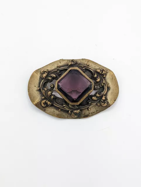 Victorian Art Nouveau Heavy Brass Purple Amethyst Glass Sash Brooch