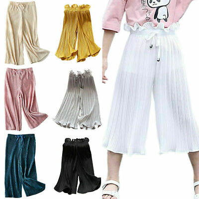 Kids Girl's High Waist Drawstring Wide Leg Trousers Casual Pleated Culotte Pants