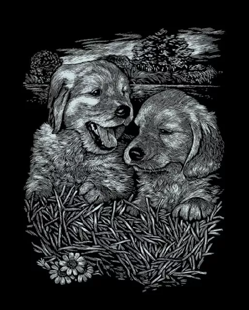 Kratzbild  Kratzbilder Hunde auf der Wiese Welpe Silber Komplettset 20cm x 25 cm