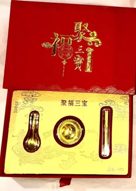 Miniature Golden Rice Bowl Spoon Chop Stick Spoon Gift Set Feng Shui Good Luck 2