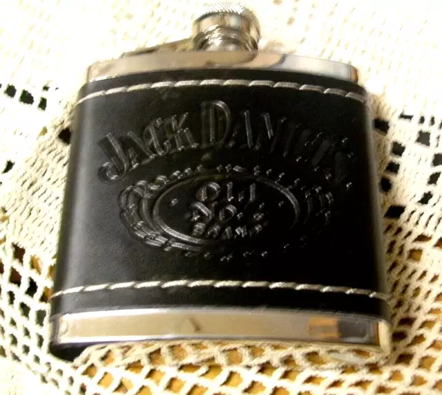 Jack Daniels Old No. 7 Stainless Steel & Black Leather Flask - In Box