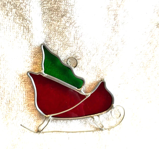 VINTAGE CHRISTMAS STAINED Glass Suncatchers Ornaments Sleigh With Xmas