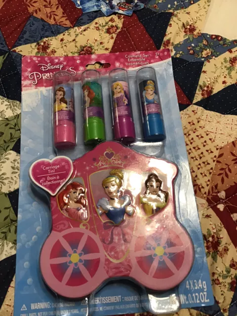Disney Princess Lip Balm & Tin Gift Set w/ Tin Ariel, Belle, Cinderella New