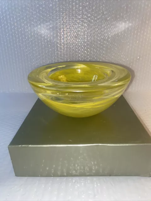 Kosta Boda Sweden Atoll Swirl Art Glass Bowl Yellow/Clear 7”D, label attached.