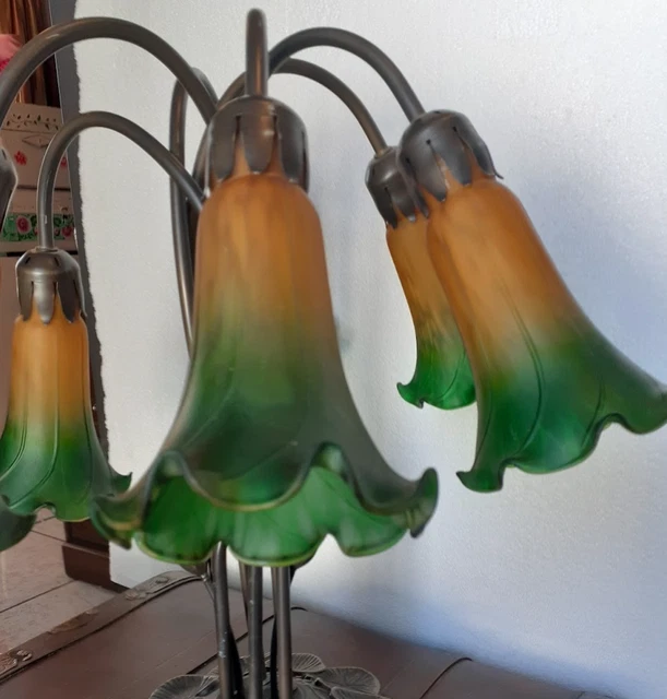 Tulip Lily Pad Table Lamp Tiffany Style 6 Lights Green Yellow Glass Shades 2