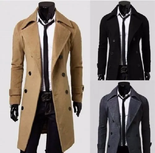 Military Style Long Trench Double Breasted Mens Slim Fit Comfort Winter Coat