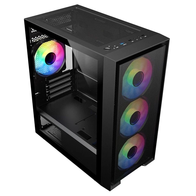 CIT LUNA MICRO ATX Gaming PC Case 4x ARGB LED Fans Glass Side Panel ...