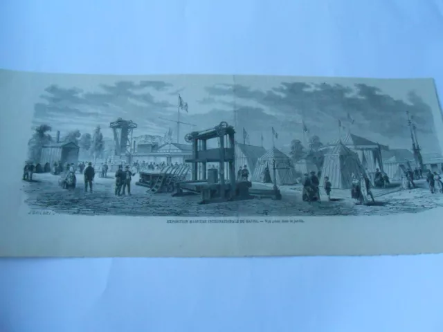 Gravure 1850 - Expo Maritime du Havre Vue prise dans le jardin