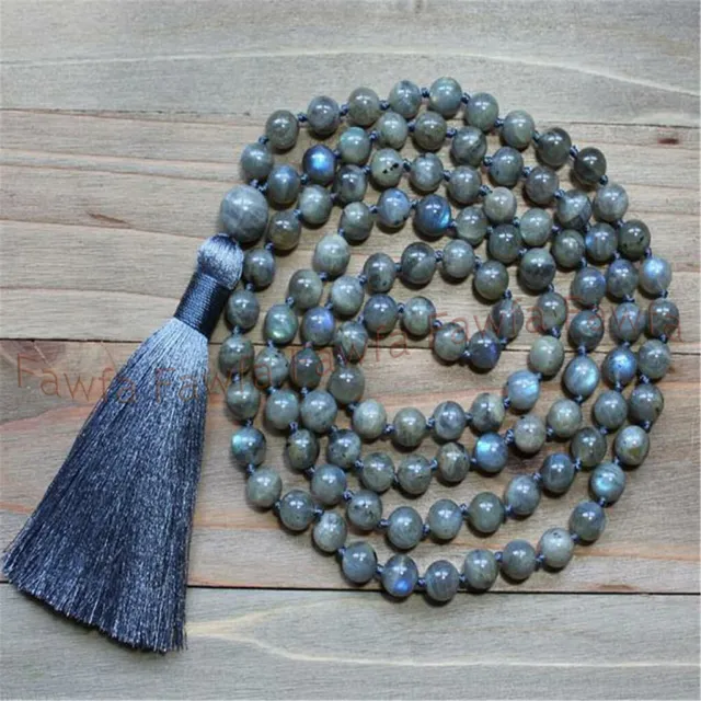 Fine 6/8/10/12mm Gray Labradorite 108 Prayer Beads Tibet Buddhism Mala Necklace