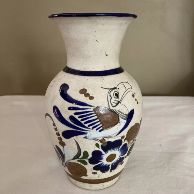 Vintage Talavera Puebla Mexican Pottery Vase Pot Toucan Bird Painted 9”T 4”W