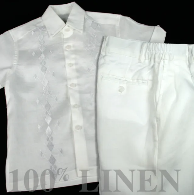 Ragazzi Bianco 100% Lino Set 2PC Diamante Ricamato Camicia & Pantalone Taglie 4