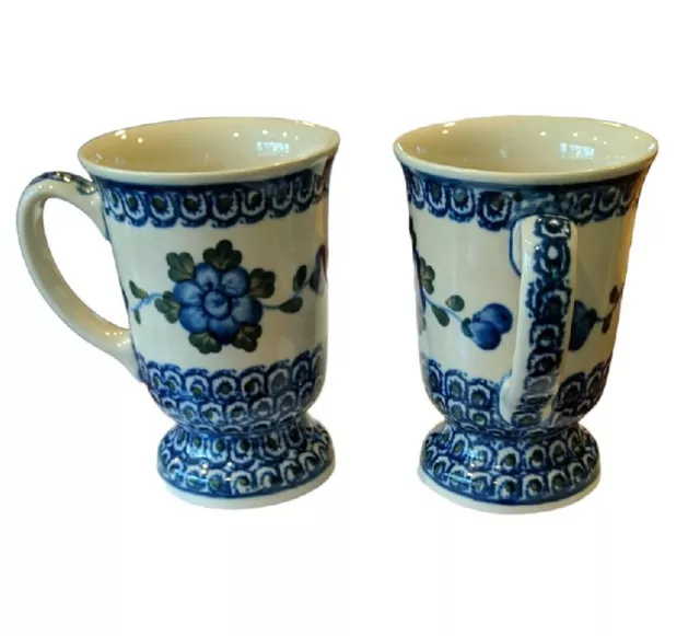 Pedestal Footed Coffee Mugs Blue Floral Polish Poland Pottery Set Of 2