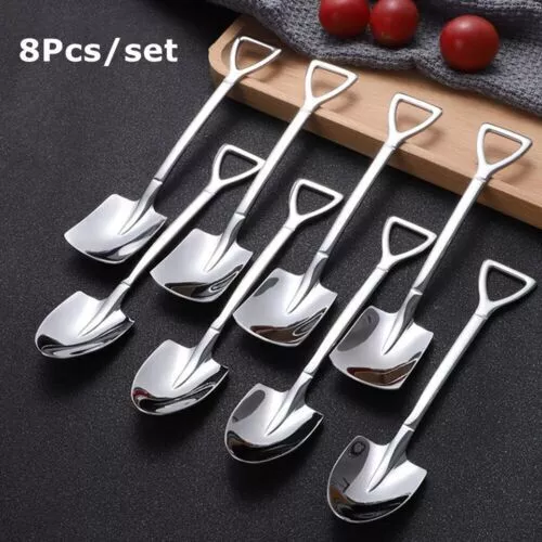 8pcs Novelty Shovel Stainless Steel Coffee Dessert Ice Cream Sundae Tea Spoon