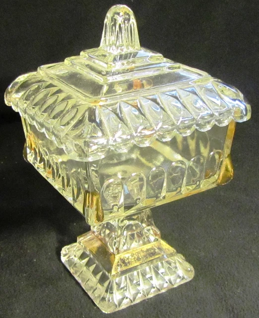 Vintage Pedestal Jeannette Clear Glass Gold Accents Corners Lidded Square Bowl