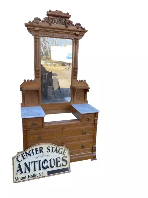 65166 Antique Victorian Oak Dresser with Mirror