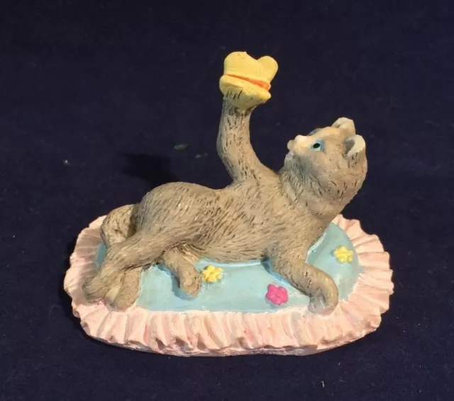 Vintage Miniature Figurine Grey Cat Laying on Bed Playing/Holding Butterfly