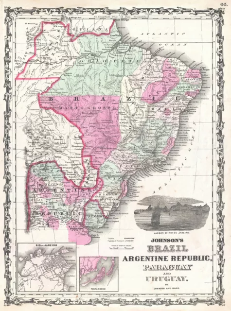 1862 Johnson Map of Brazil, Paraguay, Uruguay and Argentina