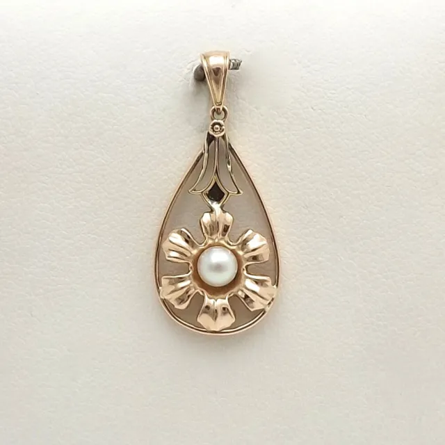 Art Deco Birks 10k Rose Gold Flower Akoya Pearl Dangle Drop Charm Pendant 2gr