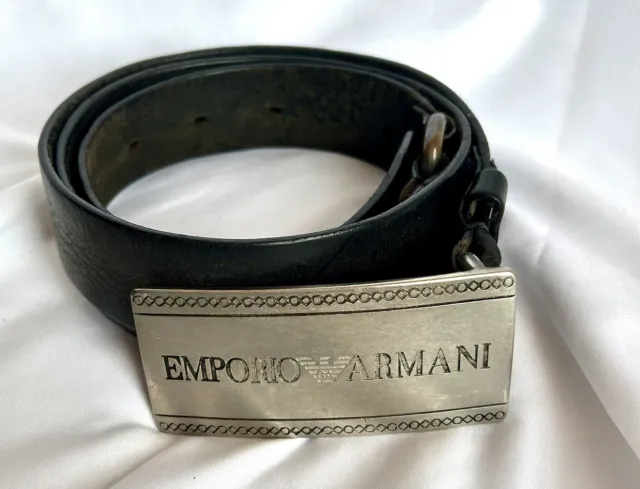 Vintage Emporio Armani Mens 33"-34" Black Leather Made in Italy Logo Belt (A9)