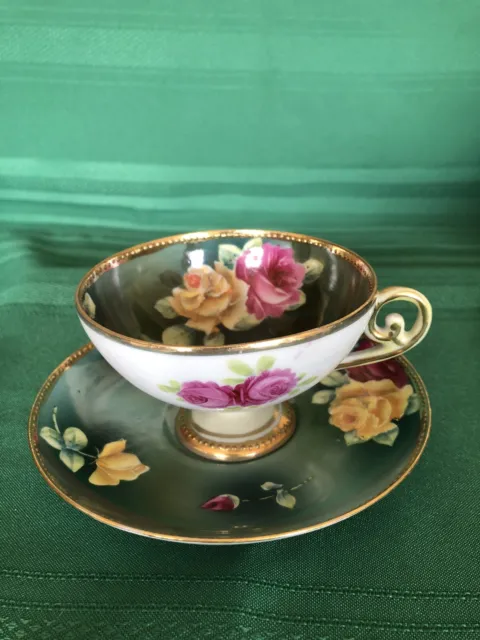 Hand Painted Floral Cup/Saucer Teal w/Gold Beaded Trim Nippon