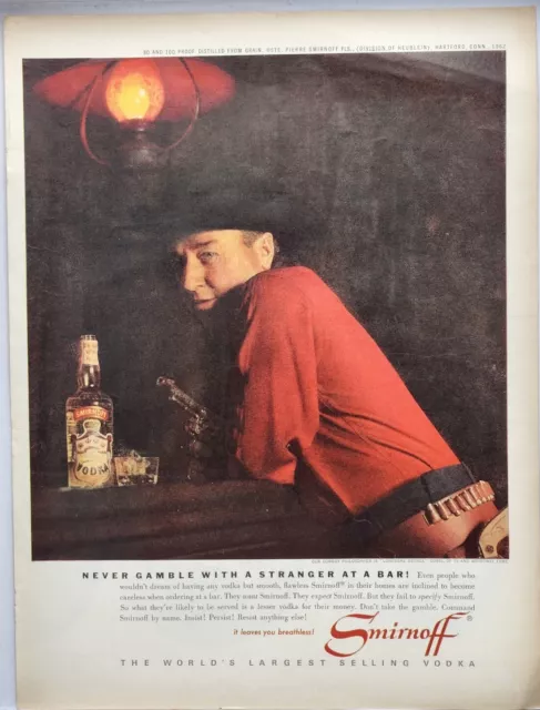 1962 Smirnoff Vodka Cowboy At The Bar Never Gamble With A Stranger Vtg Print Ad