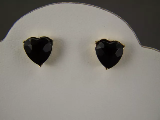 Black gold tone plastic heart shape crystal stud post earrings 3/8" wide