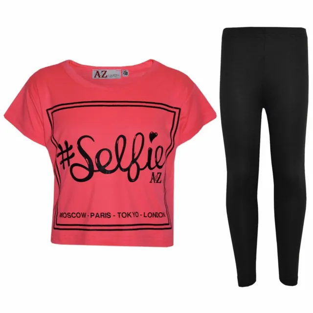 Kids Girls #Selfie Print Stylish Neon Pink Crop Top & Fashion Legging Sets 5-13Y