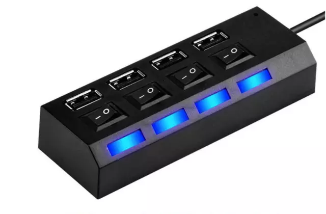 4-Port USB 2.0 Multi Charger Hub High Speed Adapter ON/OFF Switch Laptop/PC