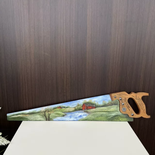 Vintage 1993 Hand Painted Hand Saw w/ Wooden Handle - Cabin Nature Scene 29"