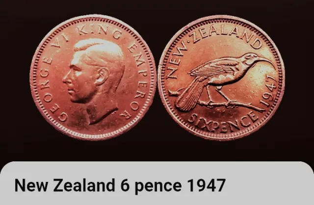 1947 New Zealand Six Pence Coin, BONUS OFFERS, King George VI, 6, Huia Bird, NZ.