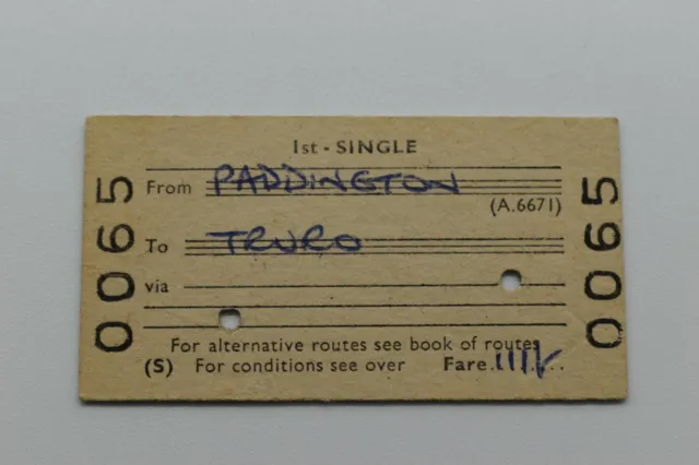BRB (S) Eisenbahnticket Nr. 0065 PADDINGTON nach TRURO 28. MAI 1969