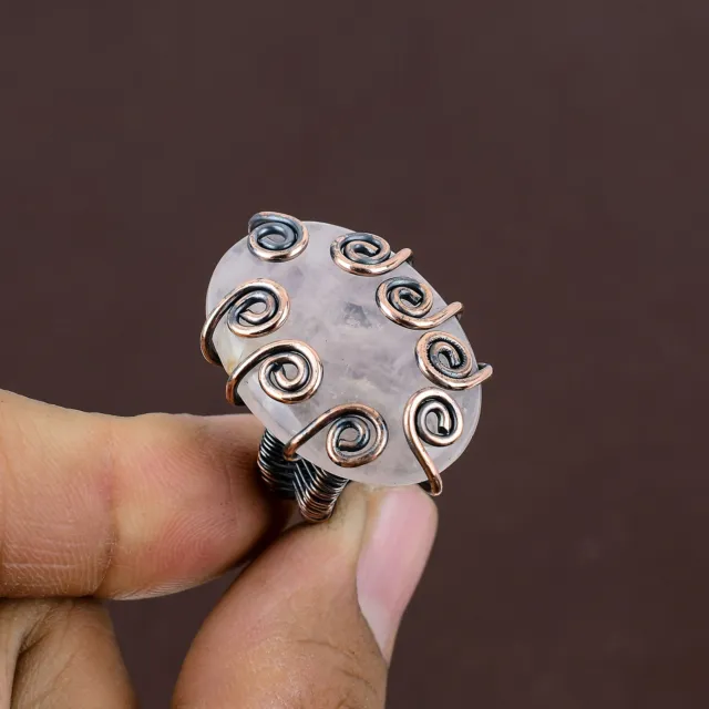 Rose Quartz Gemstone Handmade Copper Wire Wrap Gift Jewelry Ring Size 6.5 d003